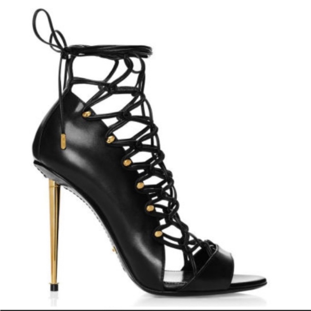 Tom Ford Black Lace-Up Stiletto Sandal with Gold Heel